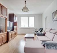 Living room in a 3-room apartment with a wooden decor floor and a sofa.