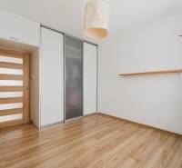 A room in a 2-room apartment with a wooden decor floor, a built-in wardrobe, and wooden doors.