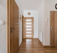 A hallway in a 2-room apartment with a wooden decor floor and light-colored walls.