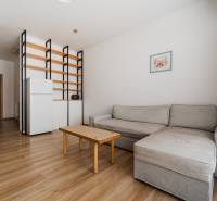 Living room in a two-room apartment with a sofa, table, and wooden decor flooring.
