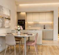 Kitchen and dining table in a 2-room apartment with a wooden decor floor.