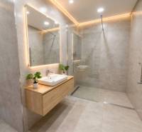 Bathroom in a 2-room apartment with a sink on a wooden decor and a shower corner.