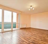 A bright living room with wood-patterned flooring, a balcony, large windows. 2-room apartment.