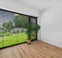 The interior of a family house with large windows, a houseplant, and a view of the garden.