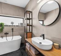 A bathroom in a family house with a modern bathtub, a window, a mirror, and a wooden sink counter.