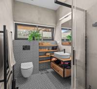 Bathroom in a family house with black and white tiles, a sink, a mirror, and a plant.