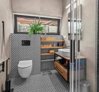 A bathroom in a family house with decorative tiles, a shower, and a sink with a wooden decor.