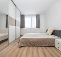A bright bedroom with wood-patterned flooring and a sliding wardrobe in a two-room apartment.