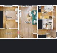 Floor plan of a 2-room apartment with wood-patterned flooring and an equipped kitchen.