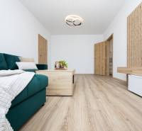 Living room in a 2-room apartment with a wooden decor floor and a green sofa.