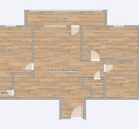 Floor plan of a 3-room apartment with a wood-patterned floor, includes a loggia and a storage room.
