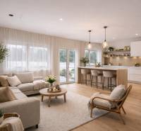 Living room and kitchen in a family house with a wooden decor floor, comfortable furniture.