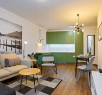 Living room with kitchen in a 2-room apartment, wooden decor flooring, green cabinets.