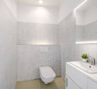 A bathroom with a sink, mirror, and toilet in a building. Minimalist design with muted colors.