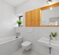 A bathroom in a building with green plants, a bathtub, and a mirror with a wooden frame.