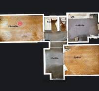 Floor plan of a 2-room apartment with a living room and a bedroom with wood-patterned flooring.