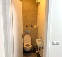 Bathroom interior in a 2-room apartment with a toilet, sink, and tiles in neutral tones.