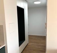 The 2-room apartment has a wooden decor floor, built-in wardrobes, and white walls.