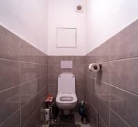 Bathroom with ceramic tiles and a toilet in a 2-room apartment.