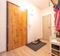 Entrance hall in a 2-room apartment with a wooden decor floor and a shoe cabinet.