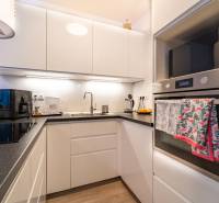 Compact kitchen with a black countertop in a 2-room apartment, floor with wood decor.