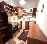 The kitchen in the studio apartment with a wooden decor and red and white tiles.