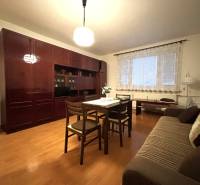 Living area of a studio apartment with wood-patterned flooring, furniture, and a dining table.