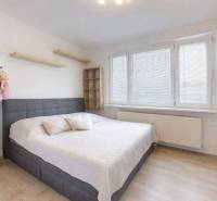 Bedroom with a bed, toys, and shelves in a 3-room apartment, floor with wood decor.