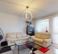 Living room in a 3-room apartment with a sofa, an armchair, and a floor with a wooden decor.