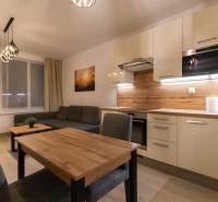 Interior of a 2-room apartment with a kitchenette, gray sofa, and wooden decor flooring.