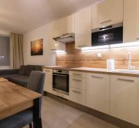 A kitchen in a 2-room apartment with a sofa, table, and wooden decor flooring.