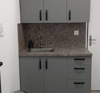 Office kitchenette with a sink, gray cabinets, and a trash can.