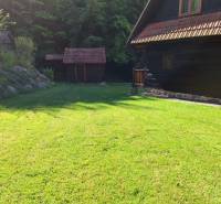 A wooden cottage on Vrátňanská Street in Terchová surrounded by lawn and forest.