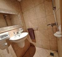 A bathroom in a cottage with tiles and a shower, equipped with a sink and a mirror.