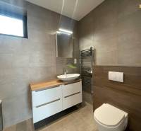 A bathroom in a family house with a sink, a cabinet, and a floor with a wooden decor.