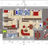 Floor plan of a family house with four rooms and a wooden decor floor.