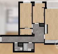Floor plan of a 3-room apartment with wood-patterned flooring and a bathroom.
