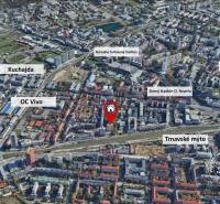 Aerial view of Bratislava - Nové Mesto with points of interest such as Kuchajda and OC Central.