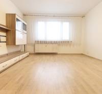 Living room in a three-room apartment with furniture and flooring featuring a wood design.