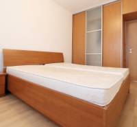 Bedroom in a 3-room apartment with a bed and a built-in wardrobe, floor with wood decor.