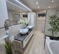 A bathroom in a family house with two sinks, a bathtub, and decorative plants.