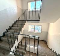 A staircase in a studio apartment with windows, white walls, and a metal railing.