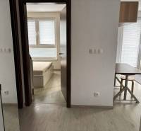 Interior of a 2-room apartment with a wooden decor floor and a view of the bedroom.