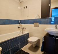 A bathroom in a 2-room apartment with a bathtub and blue-white tiles.