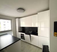 A kitchen with white cabinets, a black countertop, and a window in a 2-room apartment.