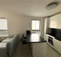 A kitchen with bar seating and a sofa in a 2-room apartment.