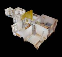 3D model of a family house interior with multiple rooms and a wooden decor floor.