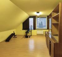 Attic room with exercise equipment, wooden decor flooring, light walls.