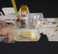 Visualization of a family house interior with a wooden decor floor and a kitchen.