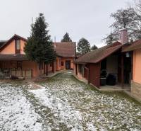The snowy garden of a family house in Dubovce with a gazebo and green conifers.